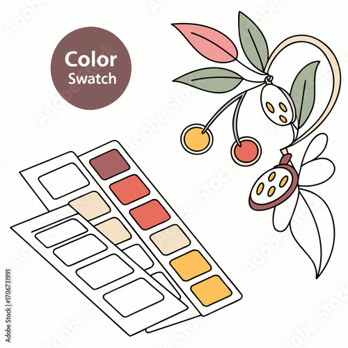 Color swatch samples with a decorative branch of stylized berries and leaves representing color palettes and design inspiration