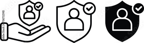 User security protection icon set, shield with check mark and profile symbol vector illustration, data safety privacy design, secure account concept