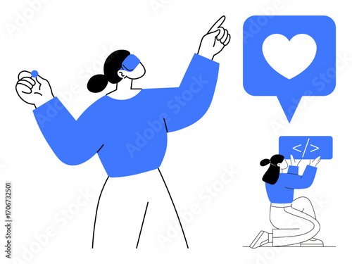Woman interacting with heart-shaped notification and coding visuals alongside a programmer kneeling with code. Ideal for creativity, technology, apps, teamwork, design, education, simple landing page