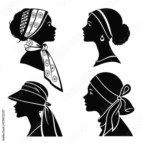 Four elegant black silhouette profiles of women adorned with various stylish headscarves and neckerchiefs showcasing diverse fashion accessories and hairstyles