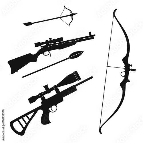 Collection of silhouette hunting and sport weapons including a bow and arrow crossbow and two rifles with scopes isolated on a white background