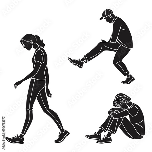 A woman walks away from a man kicking his leg while another person sits in despair illustrating themes of conflict isolation and emotional distress