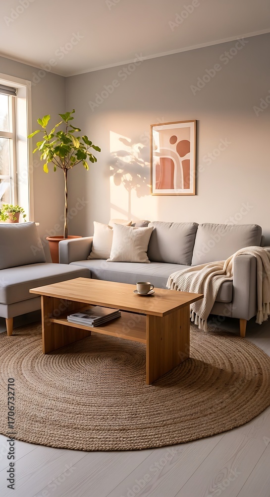 Fototapeta premium Serene Living Room Interior with Natural Light and Cozy Accents, Contemporary Home Decor with Jute Rug and Wooden Coffee Table