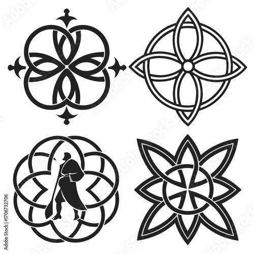 Collection of four intricate celtic knot designs and a silhouette of a man walking within a circular knotwork pattern presented on a white background