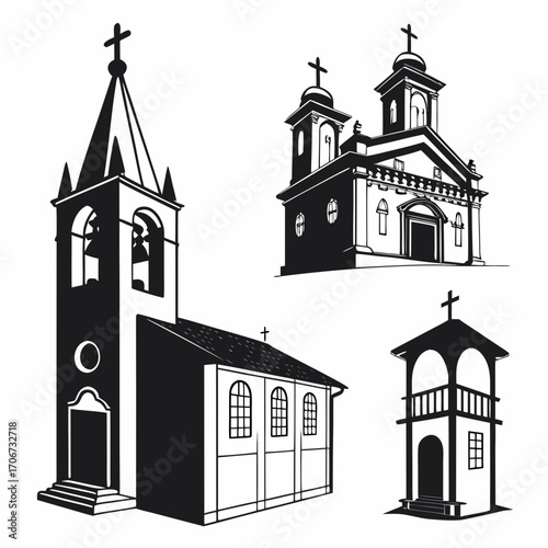 Collection of stylized black and white architectural illustrations of various churches and a bell tower representing religious buildings and places of worship