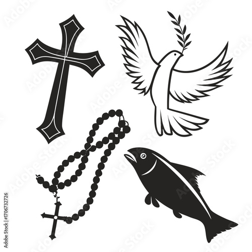 Christian symbols including a cross rosary beads a dove with an olive branch and a fish representing faith peace and spirituality