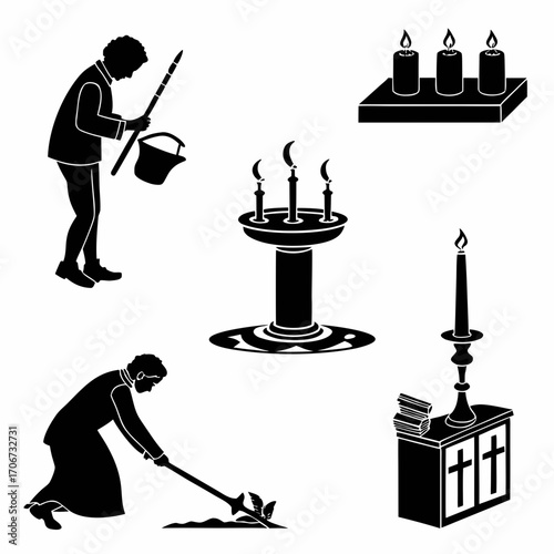 Religious and ceremonial icons including figures performing tasks and various candle holders and altar elements representing faith and devotion