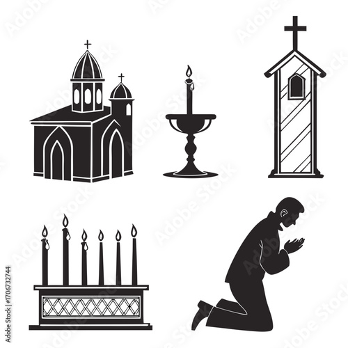 A collection of religious icons including a church a candle holder a prayer stand a menorah and a person praying on their knees all in silhouette