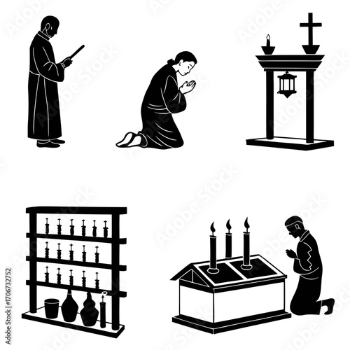 Collection of black and white vector illustrations depicting religious ceremonies prayer and sacred objects within a place of worship suitable for spiritual or devotional themes