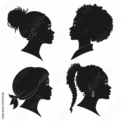 Diverse black women silhouettes showcasing various hairstyles and headwear in profile views against a white background