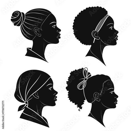 Diverse black women silhouettes in profile showcasing various hairstyles and headwear including a bun a headband a scarf and a ponytail with a bow