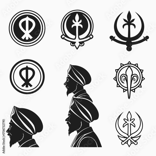 Collection of sikh religious symbols and silhouettes of sikh men wearing turbans representing faith culture and heritage in a graphic design