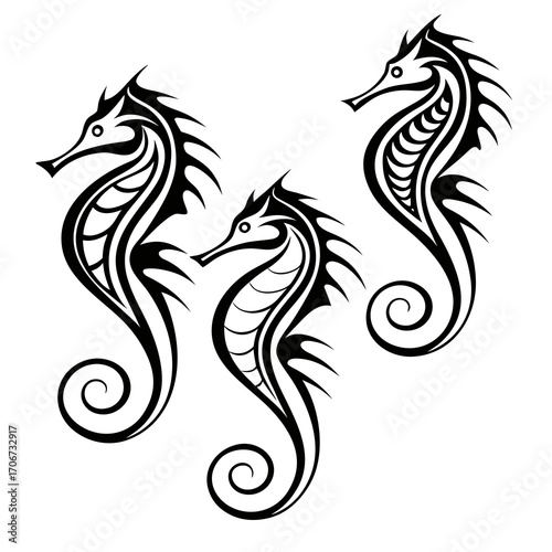Wallpaper Mural Three stylized black tribal seahorse designs with curled tails and spiky dorsal fins set against a white background representing marine life and aquatic art Torontodigital.ca