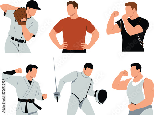 Six diverse athletes performing various fitness exercises and strength training poses, sportswear vector illustration representing active lifestyle, gym workout, and athletic power.