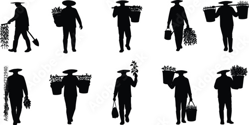 Silhouette of farmers carrying plants, baskets, and tools, agricultural workers harvesting crops, rural farming lifestyle vector set with traditional hats and farm produce.