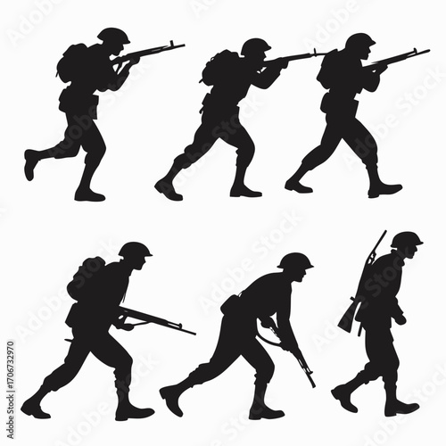 Silhouettes of soldiers in uniform carrying rifles and backpacks engaged in tactical movement and combat readiness against a white background representing military action and bravery