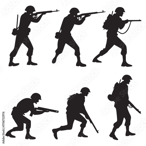 Six black silhouette illustrations of soldiers in various combat poses holding rifles and wearing helmets and backpacks against a white background