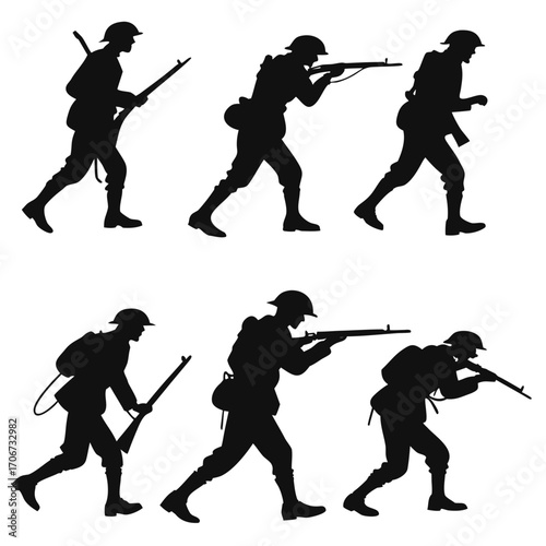 Silhouette of soldiers in uniform carrying rifles and moving in various combat poses against a white background representing military action and historical warfare