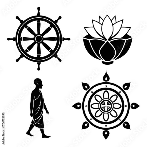 Collection of four black buddhist symbols including the dharma wheel a lotus flower a walking monk silhouette and another intricate dharma wheel design on a white background