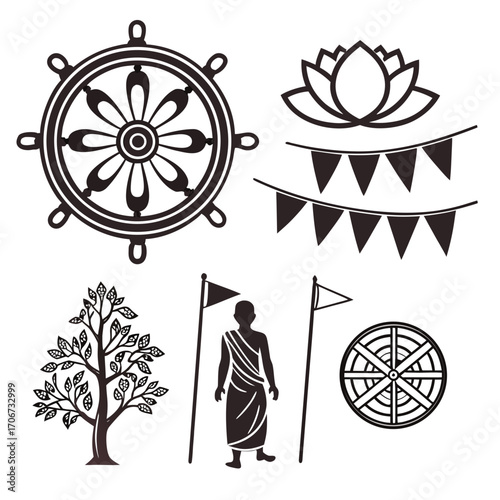 Collection of buddhist symbols including the dharma wheel lotus flower prayer flags a bodhi tree and a monk silhouette for spiritual and cultural designs