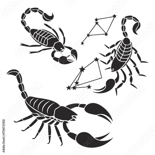 Scorpio constellation and scorpion silhouettes in black and white representing the zodiac sign and its astrological symbol with a celestial theme