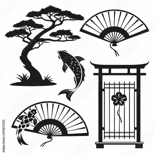 A collection of black silhouettes featuring traditional japanese elements including a bonsai tree koi fish folding fans and a torii gate with a floral motif perfect for cultural designs