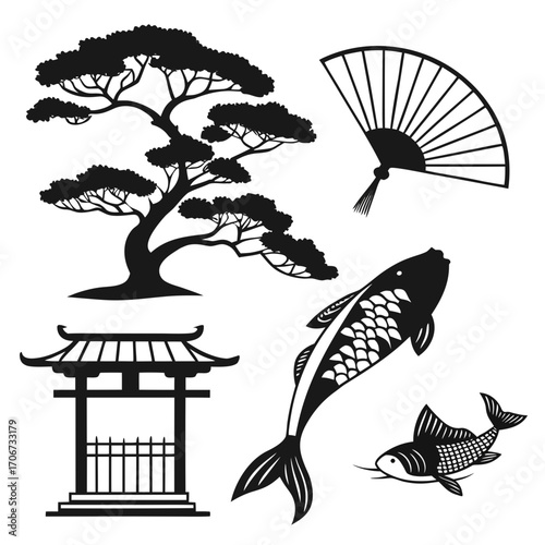 A collection of traditional japanese cultural icons including a bonsai tree a torii gate a fan and koi fish rendered in silhouette against a white background