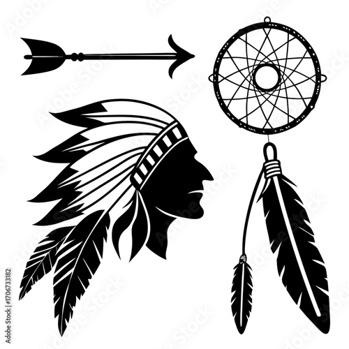 Black silhouette of a native american chief with headdress arrow and dreamcatcher with feathers on a white background representing indigenous culture and spirituality