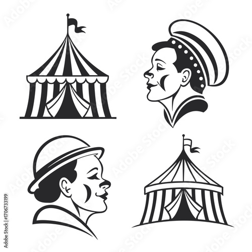Vintage circus icons featuring striped tents and stylized performer portraits in profile evoking nostalgia and entertainment