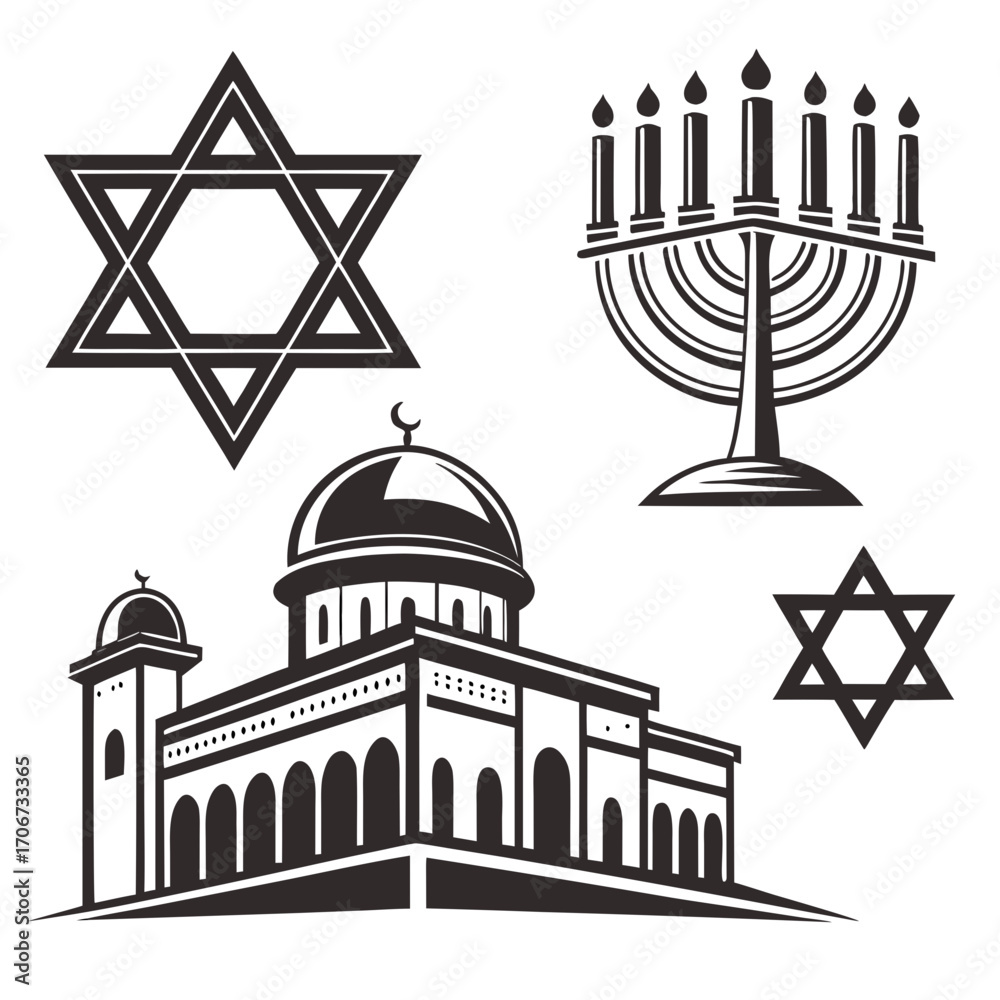 Obraz premium Collection of religious symbols including a mosque star of david and a menorah representing judaism and islam in a graphic illustration