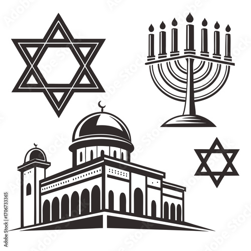 Collection of religious symbols including a mosque star of david and a menorah representing judaism and islam in a graphic illustration