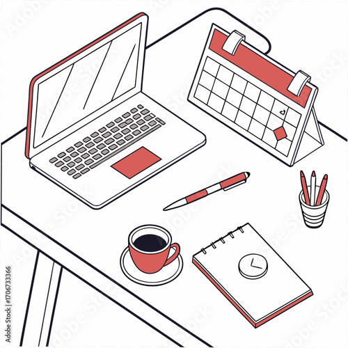 Isometric illustration of a desk with a laptop calendar coffee cup notebook and pens representing a productive workday and planning