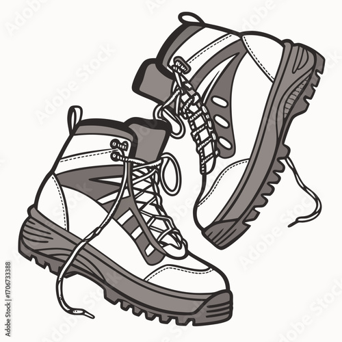 A pair of sturdy hiking boots with laces untied depicted in a clean graphic illustration style with a grayscale color palette on a white background