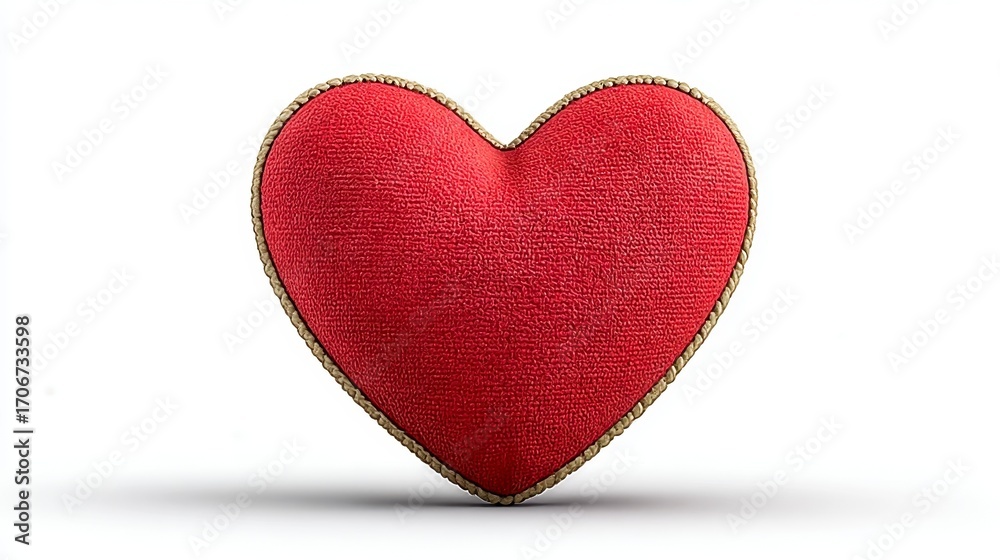 Fototapeta premium Red Plush Heart with Beige Stitching on White Background