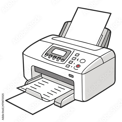 A modern white all in one printer scanner copier and fax machine with paper in the input and output trays and a blank screen on a white background