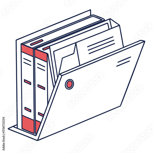 A minimalist isometric illustration of two red and white binders with papers inside an open white folder representing organization and record keeping