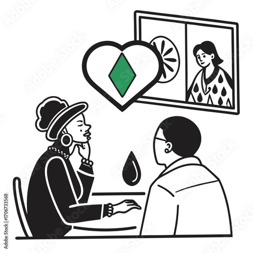 Stylish woman in a hat and earrings at a table thinking about a green diamond inside a heart with another person and a window view in the background illustrating love and contemplation