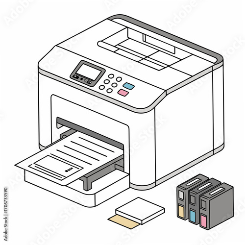 Modern white laser printer with scanner and copier functions printing a document and showing ink cartridges and paper tray for office or home use