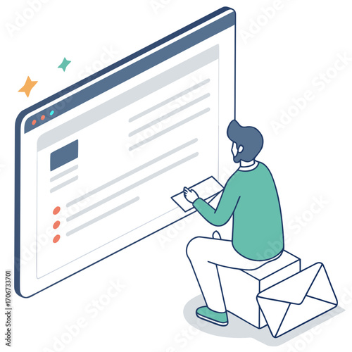 A person sitting on a box next to an envelope looking at a digital screen with a checklist and writing notes on a notepad representing online work and communication