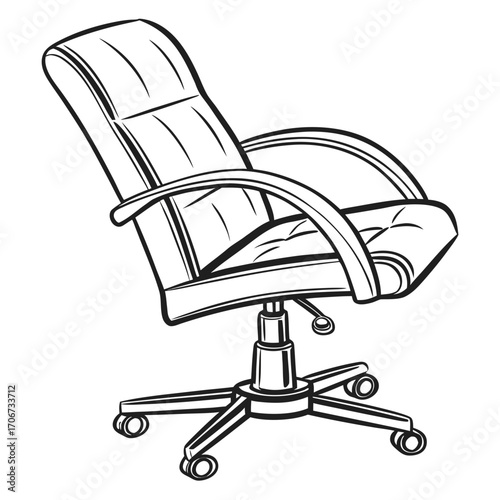 A minimalist black and white line drawing of a modern executive office chair with a high back and padded seat resting on a five wheeled base