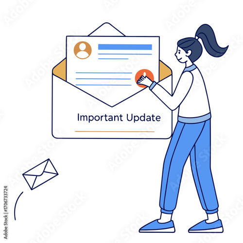 Woman receives an important update via email notification showing a notification icon and a thumbs up symbol within the email content