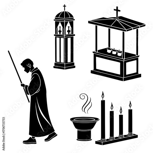 Collection of christian religious symbols and figures including a procession figure a bell tower a baptismal font an altar and candles in silhouette style for church services and rituals