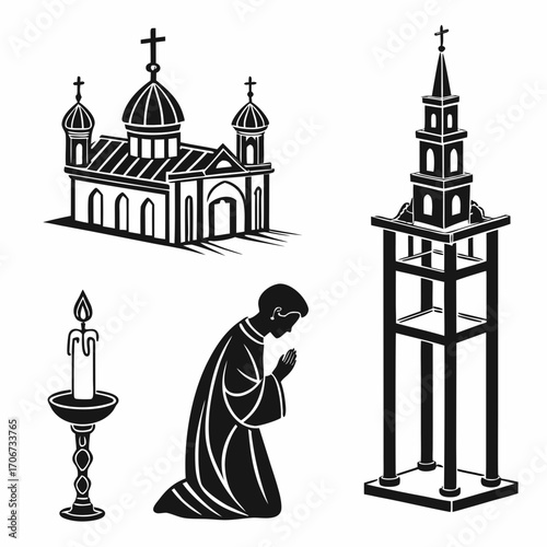 Collection of religious icons featuring a silhouette of a praying person a church building a bell tower and a candle in a candlestick all in black and white