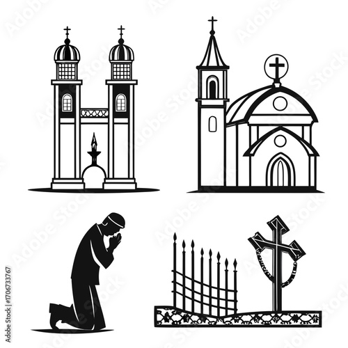 Collection of christian religious symbols including churches a praying man a cross and a cemetery fence depicted in a clean black and white silhouette style