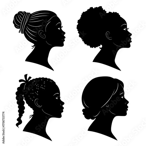 Diverse collection of four black silhouette profiles of women s heads showcasing various hairstyles and ethnicities against a white background representing beauty and individuality
