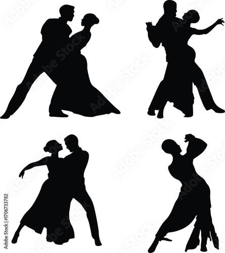Dynamic dance silhouette set black and white illustration isolated on white background