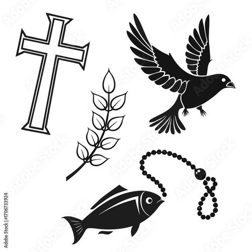 Collection of christian symbols including a cross a dove a fish a rosary and a laurel branch representing faith peace and religious devotion