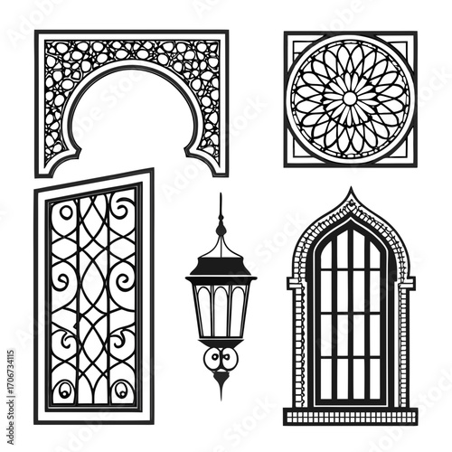 Collection of islamic architectural elements including ornate windows a decorative archway and a traditional lantern presented as black silhouettes on a white background