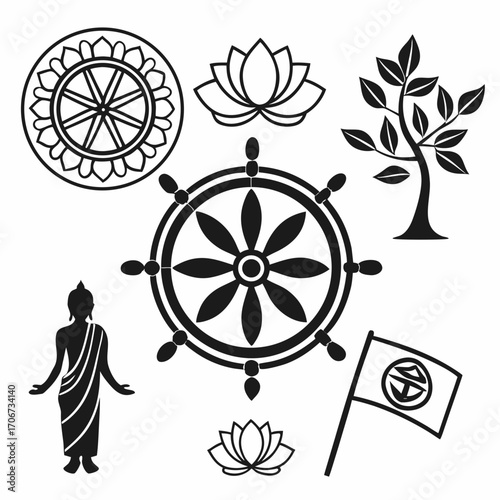 Collection of buddhist symbols including the dharma wheel lotus flowers a buddha silhouette a bodhi tree and a buddhist flag presented as black vector graphics on a white background