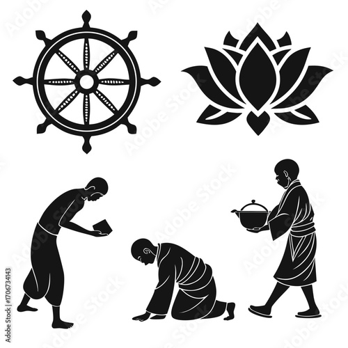 Buddhist symbols including the dharma wheel and lotus flower alongside silhouettes of monks in prayer and offering a pot of tea representing spiritual practices and devotion